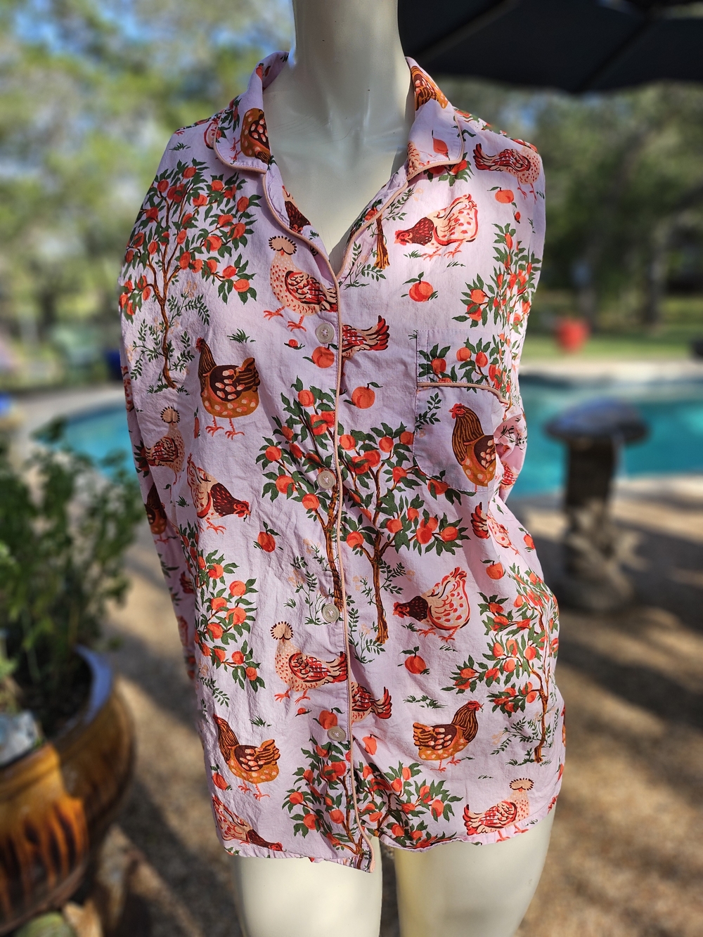 Printfresh Pink Hen House With Fruit & Chickens Button-Front Pajama Top M